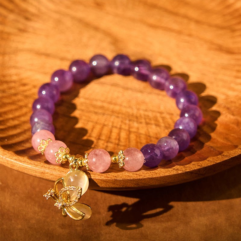 Natural Amethyst Strawberry Quartz Crystal Healing Butterfly Charm Bracelet