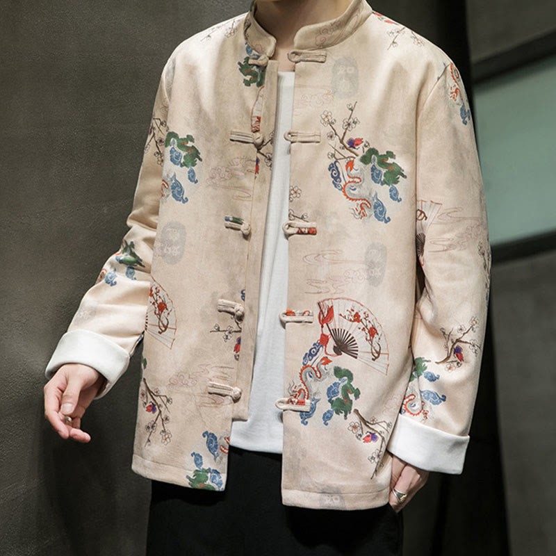 Chinese New Year Clothes Flowers Dragon Fan Auspicious Clouds Frog-button Tang Suit Cotton Men's Jacket Shirt