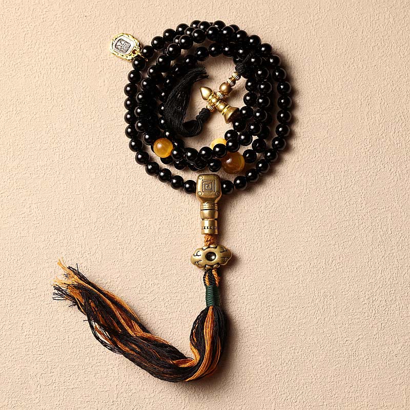 Tibetan 108 Mala Beads Black Onyx Tiger Eye Beads Nine Palaces Bagua Protection Bracelet
