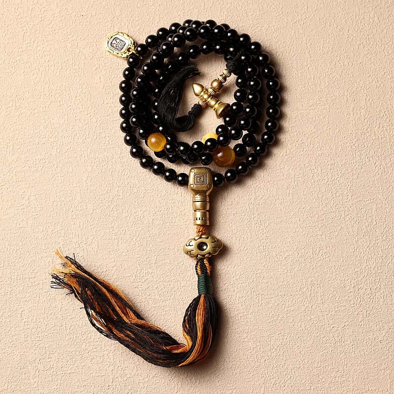 Tibetan 108 Mala Beads Black Onyx Tiger Eye Beads Nine Palaces Bagua Protection Bracelet