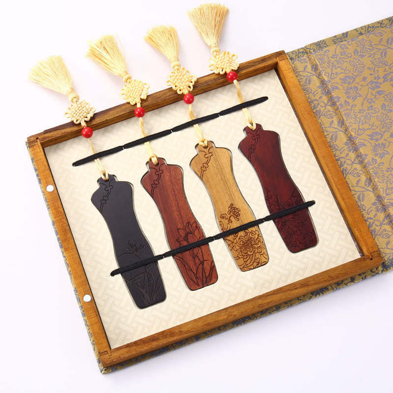 4Pcs Four Seasons Plum Orchid Bamboo Chrysanthemum Peking Opera Mask Wood Bookmarks With Gift Box