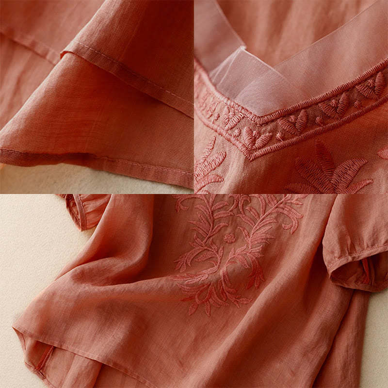 Vintage Casual Pure Leaf Embroidery V-Neck Half Sleeve Cotton Linen Women's T-Shirt