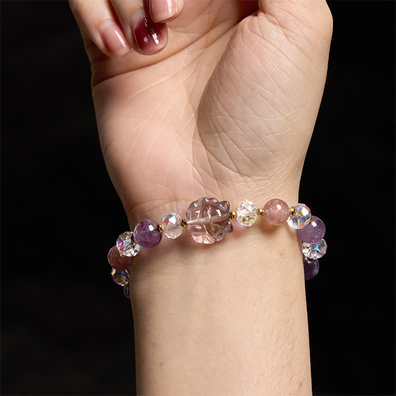 Amethyst Strawberry Quartz White Crystal Nine-tailed Fox Meditation Bracelet