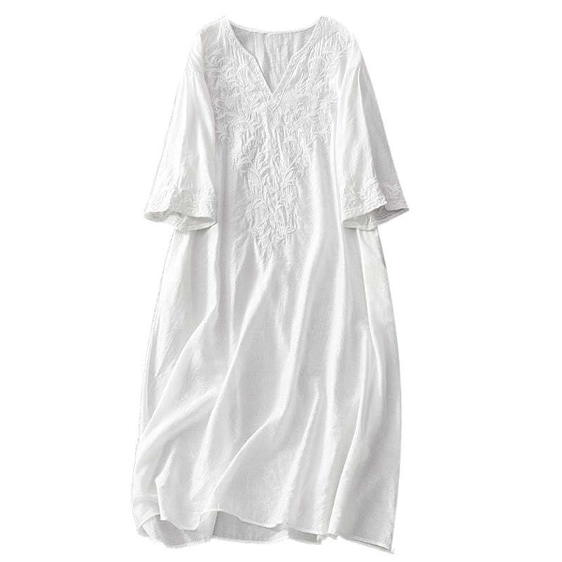 Summer White Pure Color Embroidery Leaf Flower V-Neck Short Sleeve Cotton Linen Midi Dress With Pockets