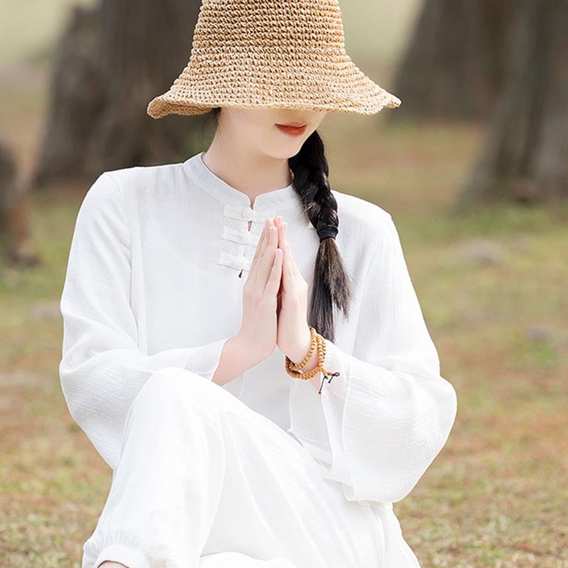 2Pcs Plain Design Top Pants Meditation Yoga Zen Tai Chi Cotton Linen Clothing Women's Set