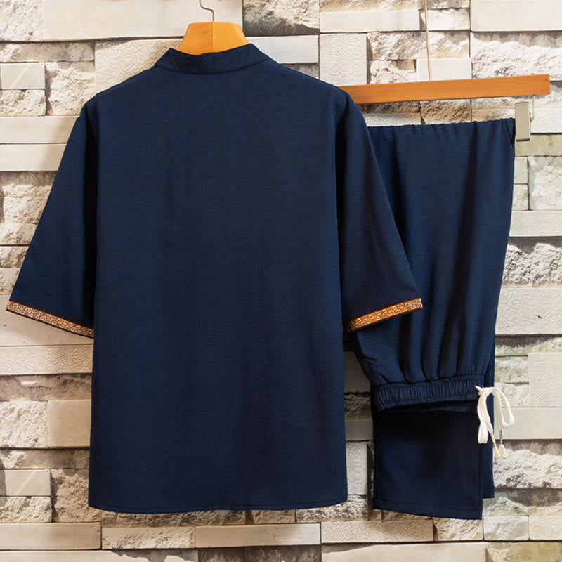2Pcs Tree Pattern Cotton Linen Frog-Button Short Sleeve Shirt Pants Men's Set