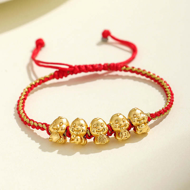 Handmade 999 Sterling Silver Golden Year Of Snake Fu Auspicious Clouds Ingot Copper Coins Red String Fortune Braided Bracelet
