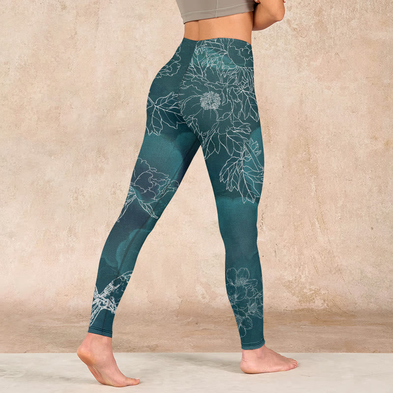 Peony Flower Magpie Butterfly Print Gym Fitness Leggings Women's Yoga Pants
