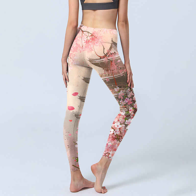 Pink Sakura Antique Building Print Fitness Leggings Women's Yoga Pants