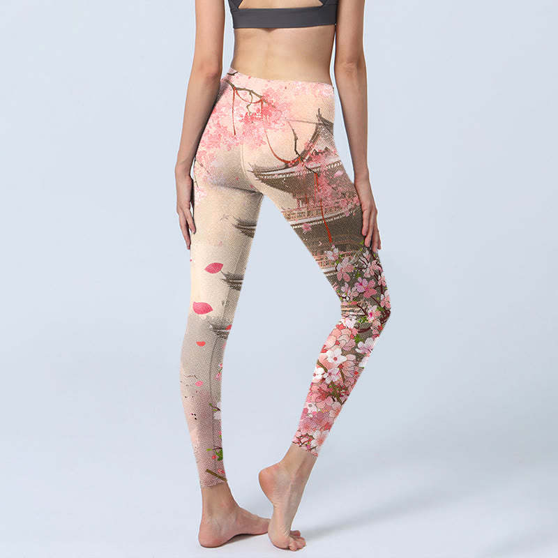 Pink Sakura Antique Building Print Fitness Leggings Women's Yoga Pants