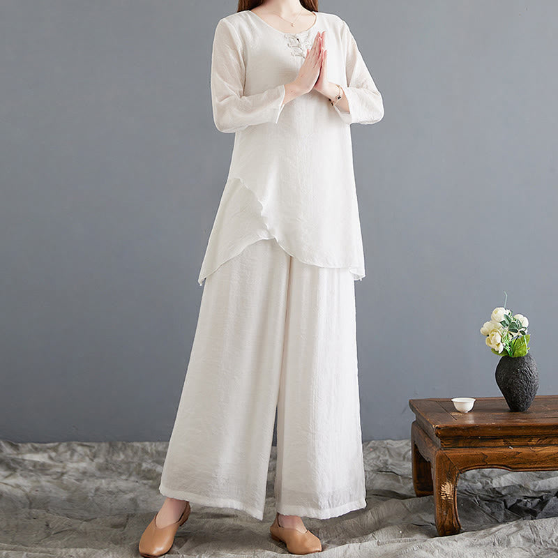2Pcs Frog-Button Long Sleeve Shirt Wide Leg Pants Meditation Cotton Linen Clothing