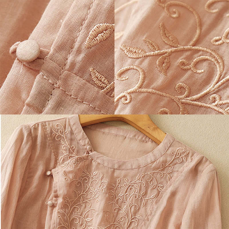 Plain Frog-Button Embroidery Vine Long Sleeve Slanted Collar Cotton Linen Women's Shirt