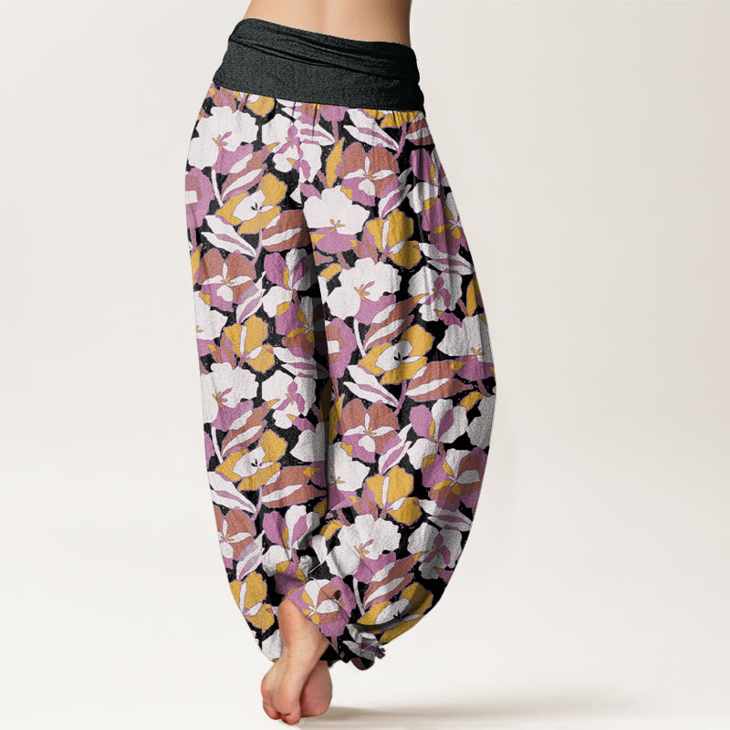 Floral Leaf Design Women's Elastic Waist Harem Pants