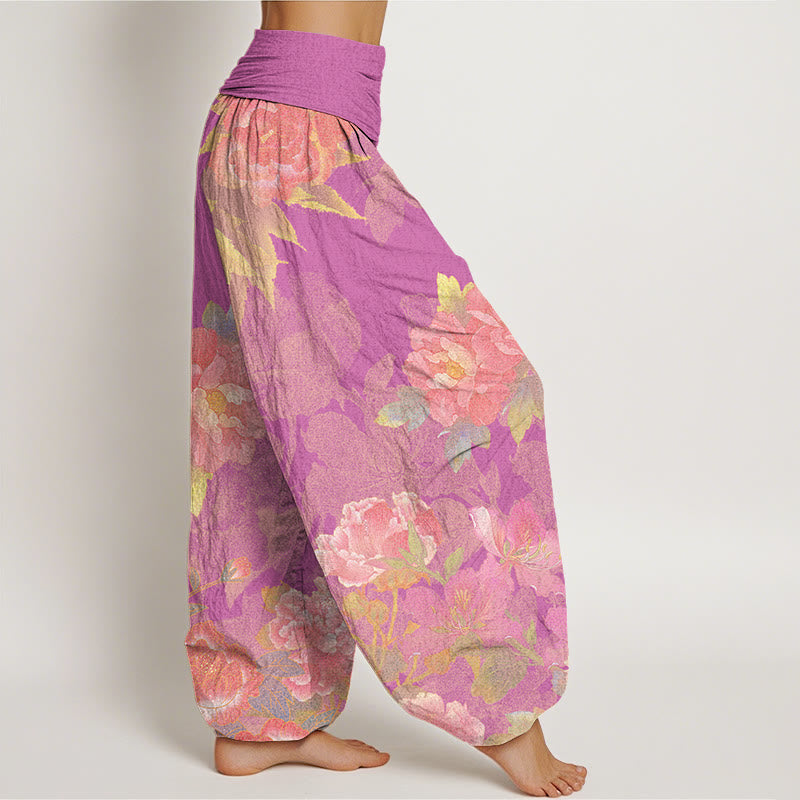 Big Pink Peonies Green Leaves Women's Elastic Waist Harem Pants