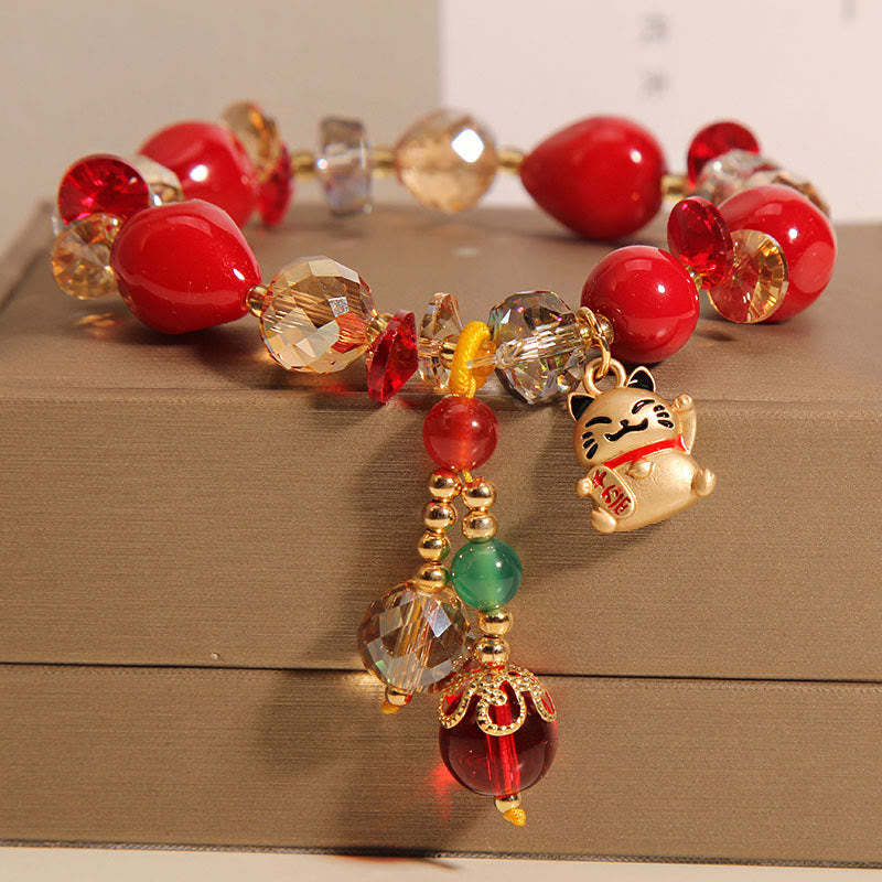 Red Stone Lucky Cat Rabbit Fu Character Fortune Bracelet
