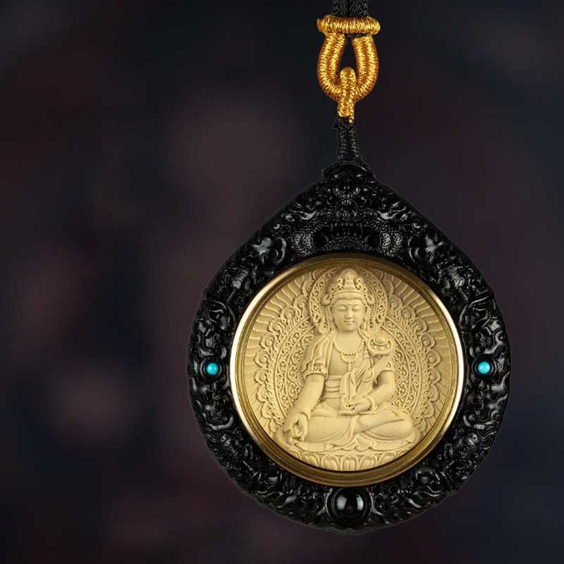 Chinese Zodiac Avalokitesvara Small Leaf Red Sandalwood Ebony Longevity Necklace Pendant