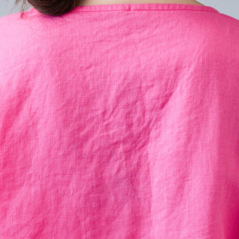 Summer Casual Ethnic Embroidery Flower Lace-up Short Sleeve V-neck Cotton Linen Women's T-Shirt