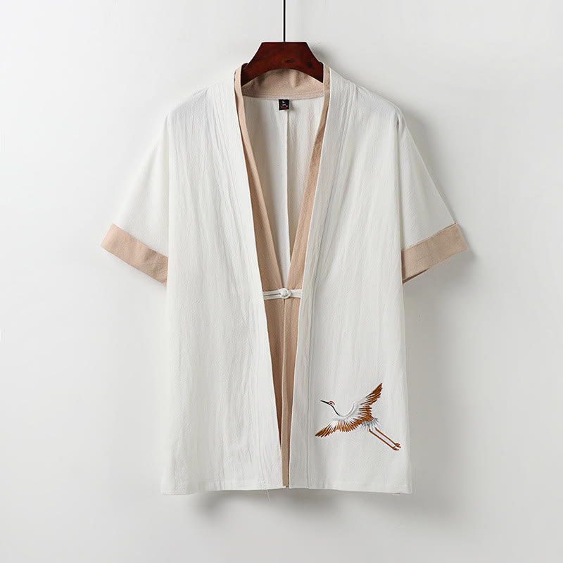 Fake Two-piece Men's Half Sleeve Cardigan Embroidery Hanfu Comfort Cotton Shirt