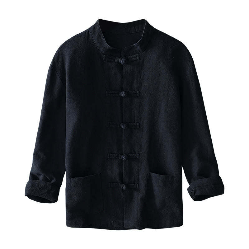 Frog-Button Chinese Tang Suit Ramie Linen Cotton Men Jacket Shirt With Pockets