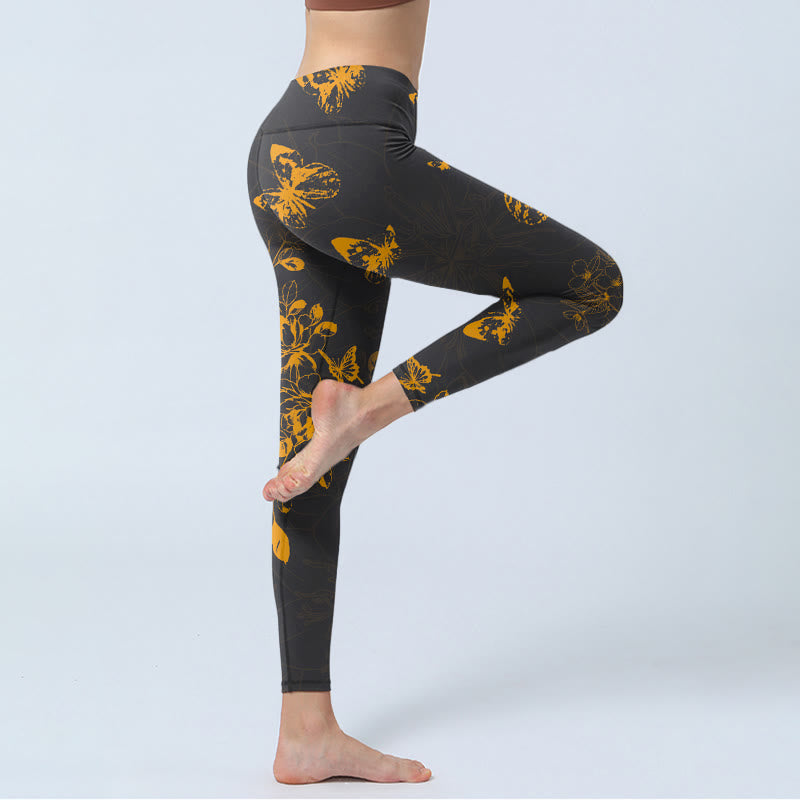 Dark Grey Butterflies Peony Flowers Print Gym Leggings Women's Yoga Pants