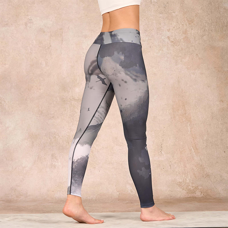 Ink Painting Mountain Pavilion Print Fitness Leggings Women's Yoga Pants