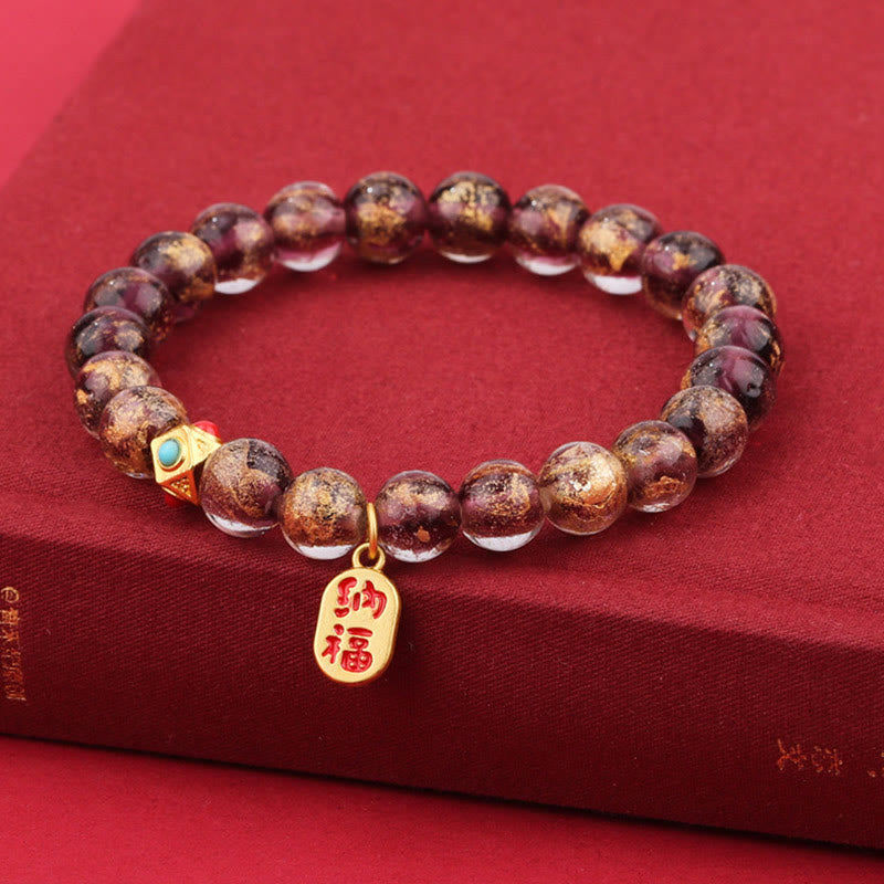 Tibetan Incense Ash Liuli Glass Bead Lucky Fortune Fu Character Charm Bracelet