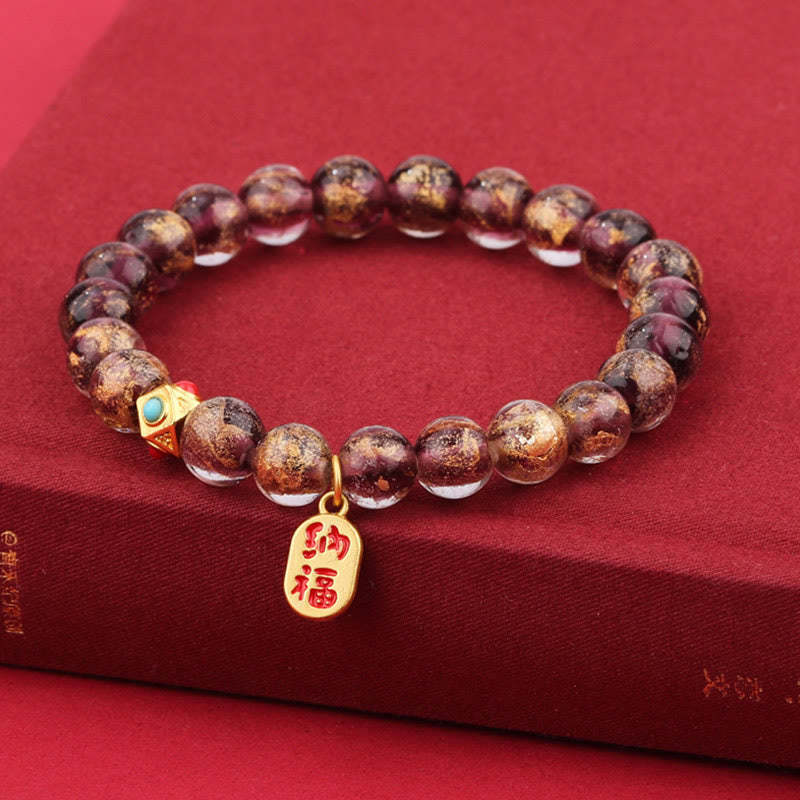Tibetan Incense Ash Liuli Glass Bead Lucky Fortune Fu Character Charm Bracelet
