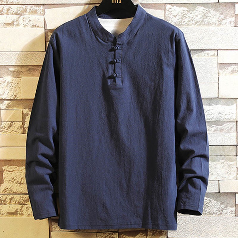 Tang Suit Pure Color Frog-Button Long Sleeve Shirt Pants Cotton Men's Suit