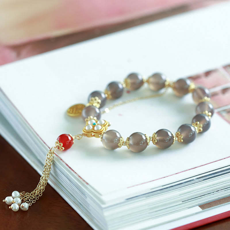 Natural Gray Agate Fu Character Pearl Tassel Balance Bracelet