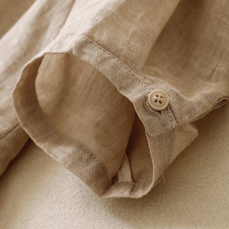 Casual Embroidered Plant Stand Collar Design Three Quarter Sleeve Women's Cotton Linen Shirt