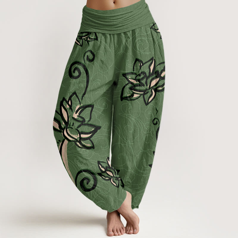 Casual Lotus Auspicious Clouds Design Women's Elastic Waist Harem Pants