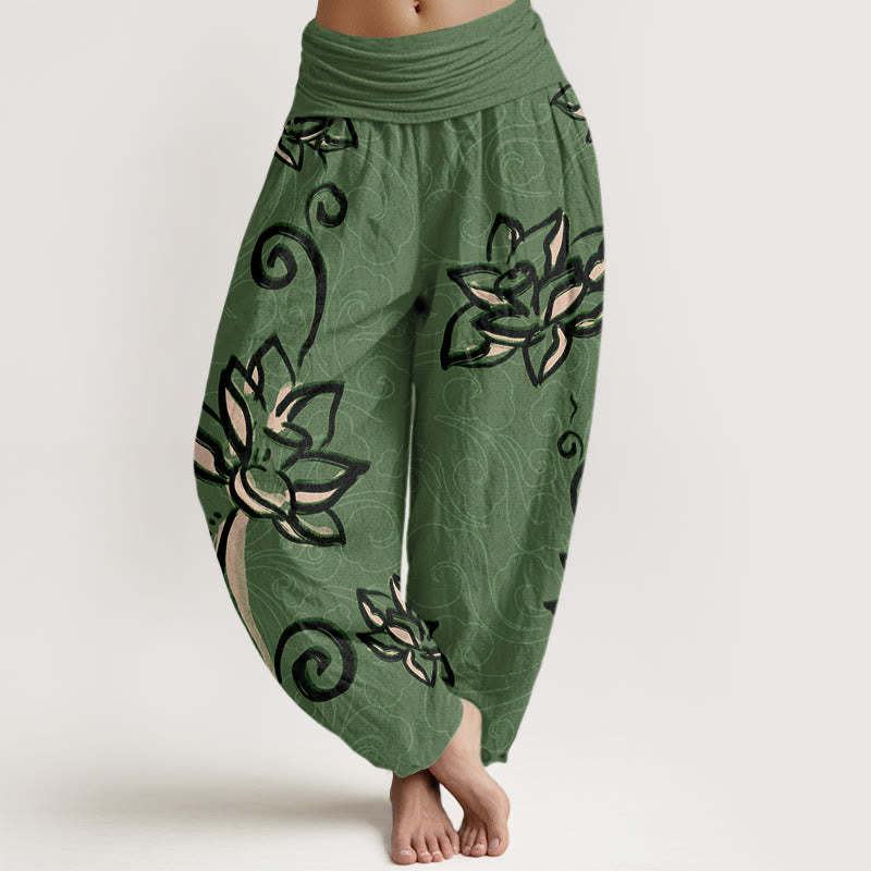 Casual Lotus Auspicious Clouds Design Women's Elastic Waist Harem Pants