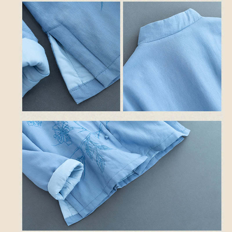 Retro Flower Design Thermal Long Sleeve Cotton Linen Women's Shirt