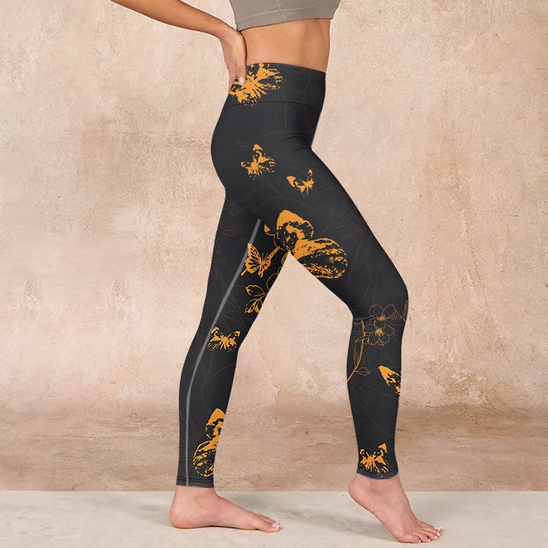 Dark Grey Butterflies Peony Flowers Print Gym Leggings Women's Yoga Pants