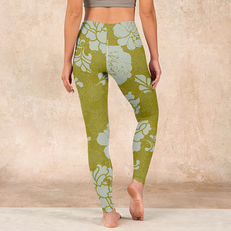 Monochrome Flowers Print Gym Leggings Women's Yoga Pants