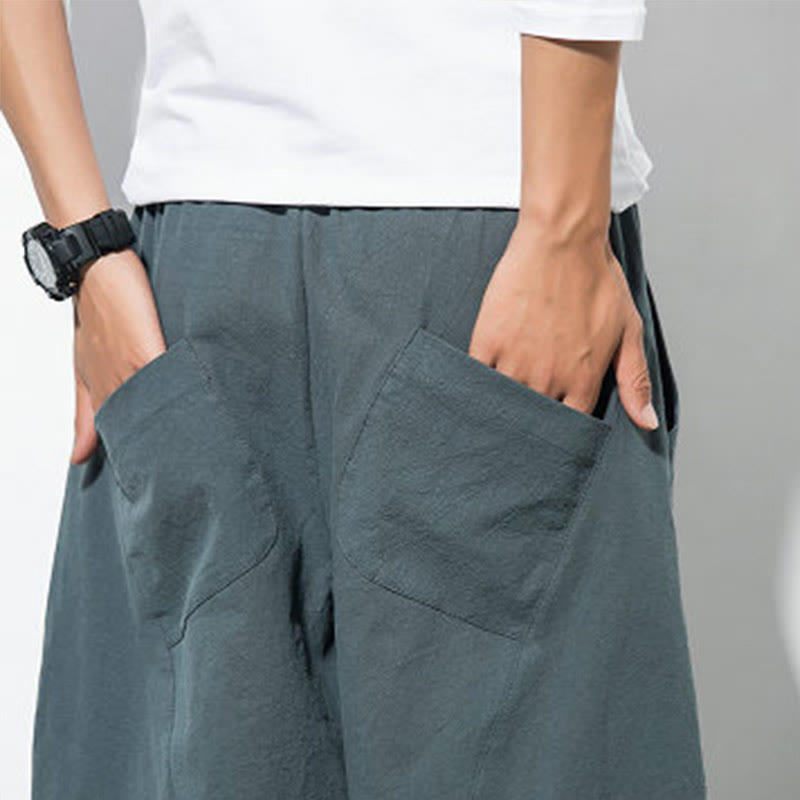 Casual Men's Solid Color Linen Drawstring Pants With Pockets