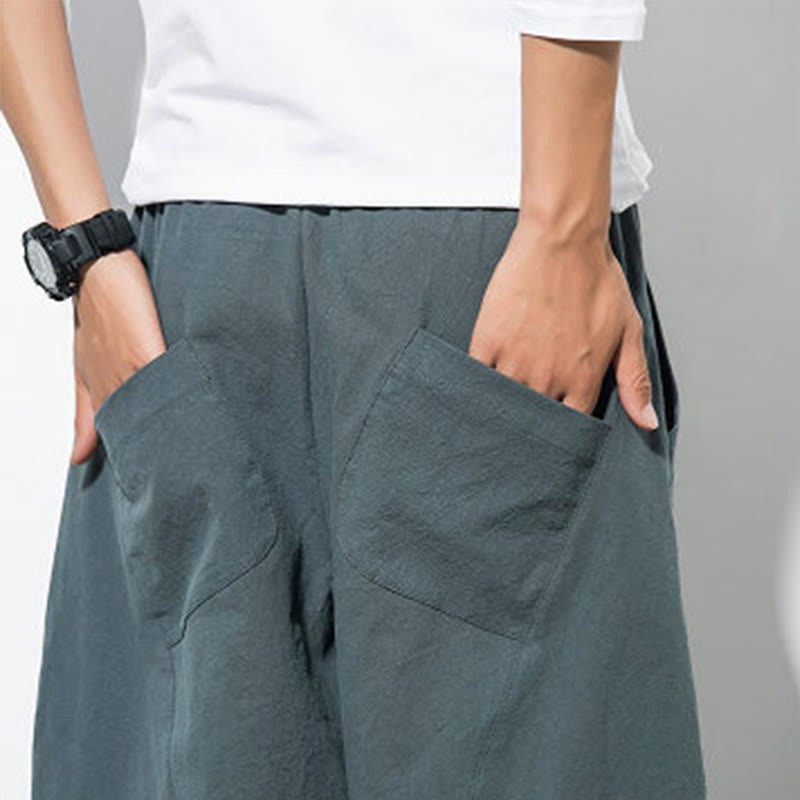 Casual Men's Solid Color Linen Drawstring Pants With Pockets
