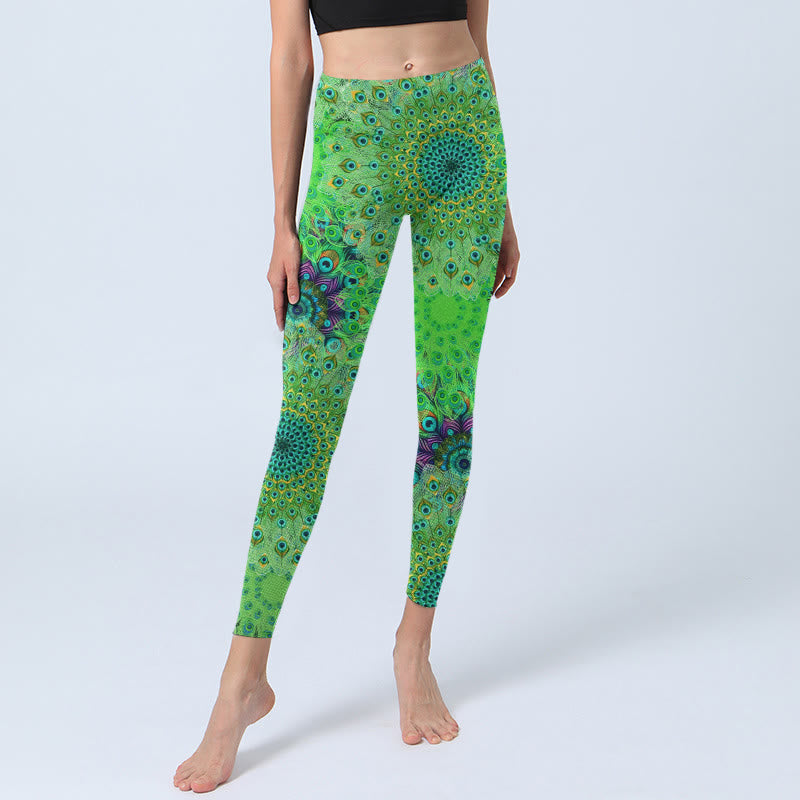 Green Peacock Tail Feathers Print Gym Leggings Women's Yoga Pants