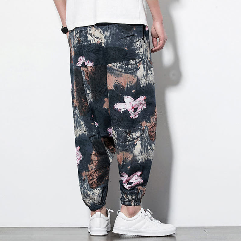 Pink Lotus Ink Painting Print Cotton Men's Long Cropped Harem Pants With Pockets