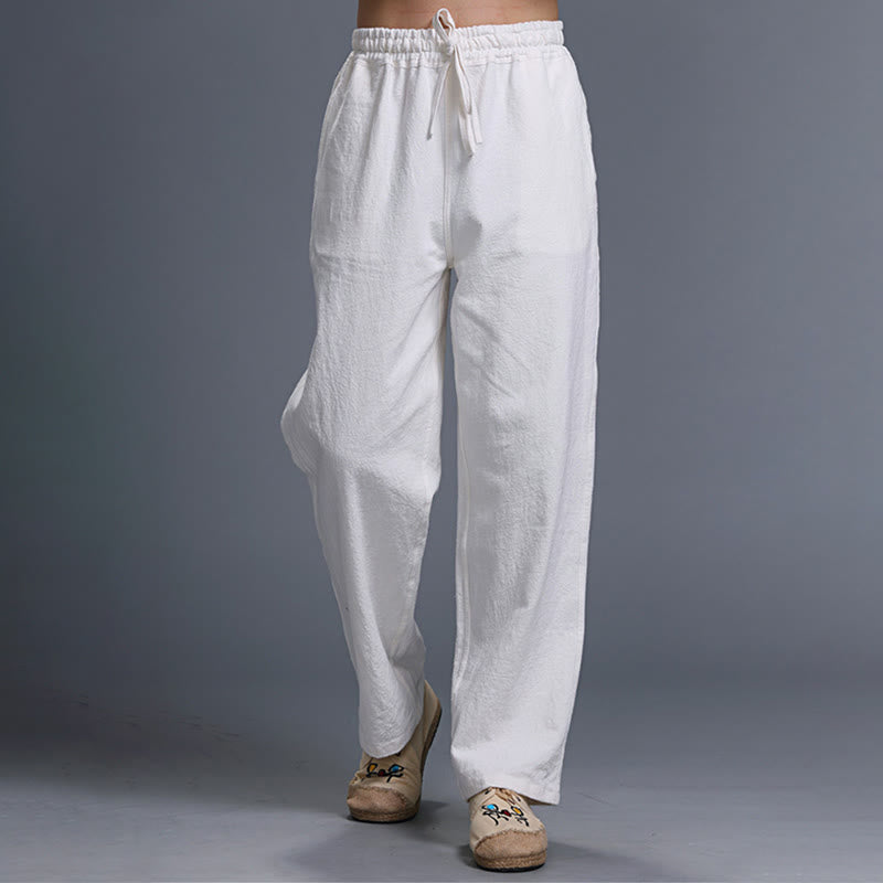 Casual Plain Color Drawstring Linen Men's Pants With Pockets