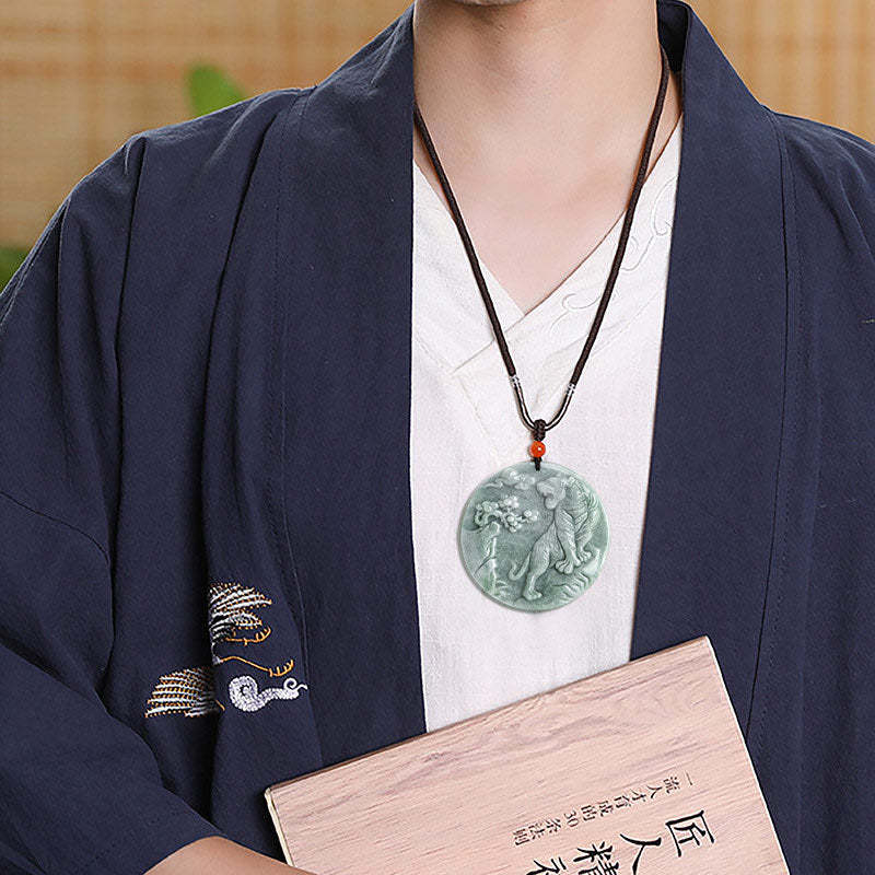 Chinese Zodiac Tiger Jade Protection Necklace String Pendant