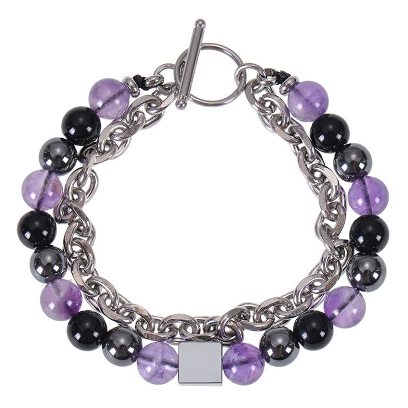 Colorful Tiger Eye Frosted Stone Black Magnetite Titanium Steel Double Wrap Protection Bracelet