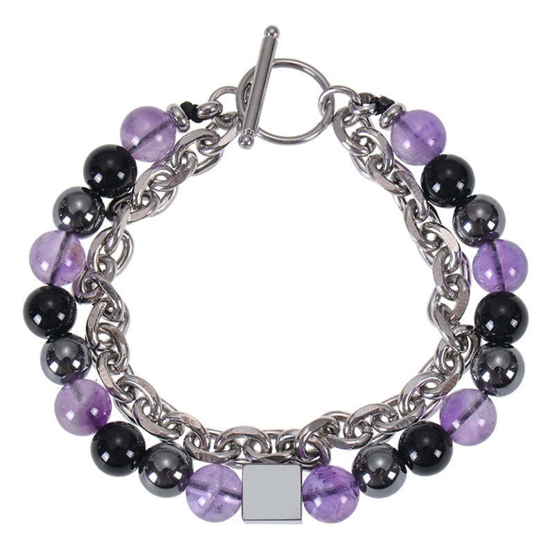 Colorful Tiger Eye Frosted Stone Black Magnetite Titanium Steel Double Wrap Protection Bracelet