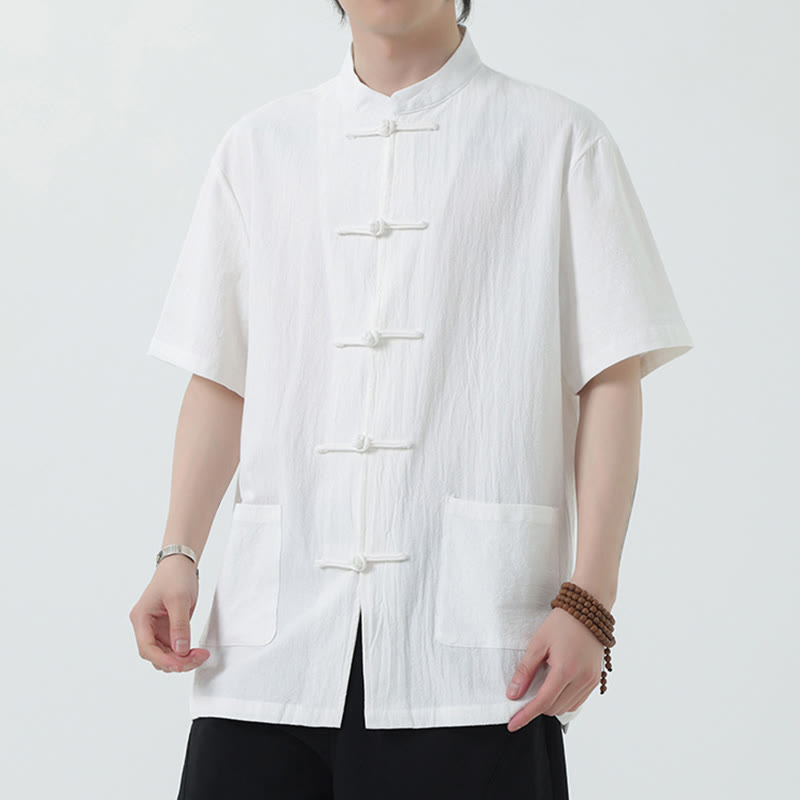 Frog-Button Chinese Tang Suit Short Sleeve Shirt Linen Men Clothing With Pockets
