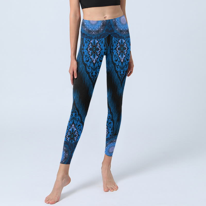 Blue Mandala Feathers Print Gym Leggings Women's Yoga Pants