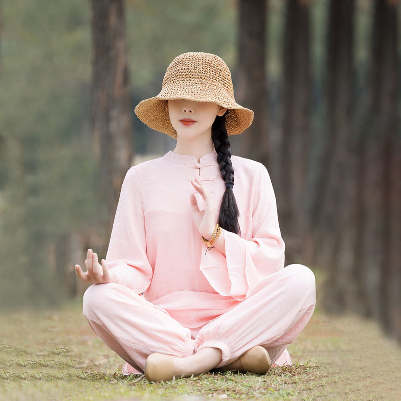 2Pcs Plain Design Top Pants Meditation Yoga Zen Tai Chi Cotton Linen Clothing Women's Set