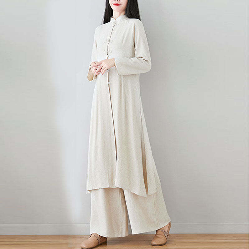 2Pcs Chinese Frog Button Design Zen Tai Chi Meditation Clothing Cotton Linen Top Pants Women's Set