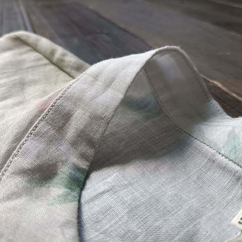 White Red Flowers Green Leaves Frog-Button Long Sleeve Ramie Linen Jacket Shirt