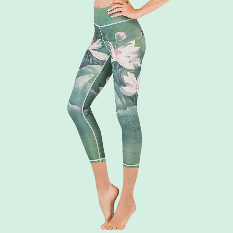 Lotus Cherry Blossom Gradient Peacock Print Lycra Fabric Sports Cropped Leggings Women's Yoga Capri Pants