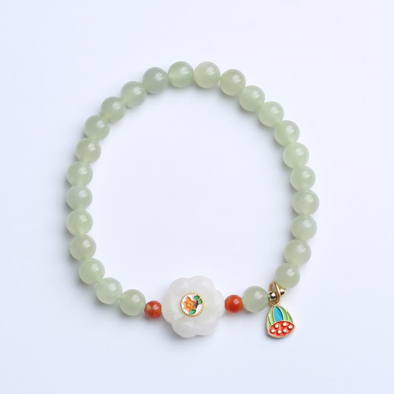 925 Sterling Silver Plated Gold Natural Hetian Jade Bead Gourd Lotus Bamboo Fu Character Luck Bracelet